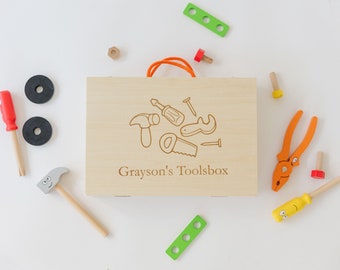 Personalized Wooden Toolbox Toy, Toolkit-Hammer, Screwdriver, Nails, Screws, Nuts, and Bolts-Construction Pretend Play