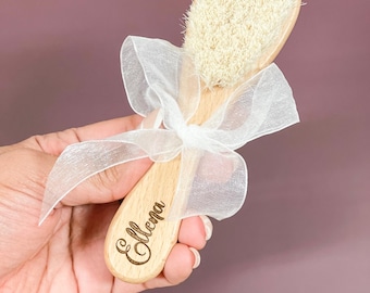 Gentle Baby Hairbrush, Natural Untreated Beechwood, Soft Goat Hair, Brush, Body, Scalp Massage, Newborn Gift