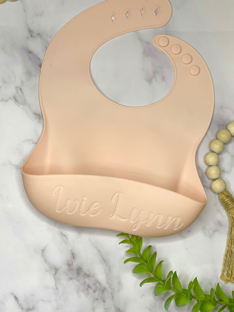 Personalized Name Bib, Custom Engraved Bib, Silicone Bib, Toddler Bib, Laser Engraved Bib, Washable Bib With Pocket Peachy