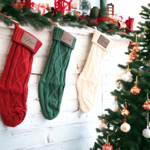 Personalized Christmas Stockings, Custom Cable Knit Stocking with Name, Leather Patch Name Stockings, Laser Engraved Christmas Knit Socks