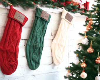 Personalized Christmas Stockings, Custom Cable Knit Stocking with Name, Leather Patch Name Stockings, Laser Engraved Christmas Knit Socks