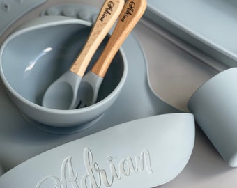 6-teiliges Silikon-Entwöhnungs-Essset, personalisiertes Silikon-Babylätzchen-Set, personalisiertes Silikon-Lätzchen, Silikonschale, personalisierter Babylöffel