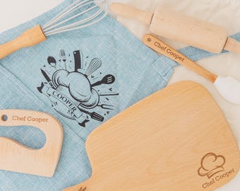 Personalized Kids Baking Set, Custom Apron & Wooden Kitchen Tools, Gift for Little Chefs, toddler Birthday Gift, Mother’s Day Gift