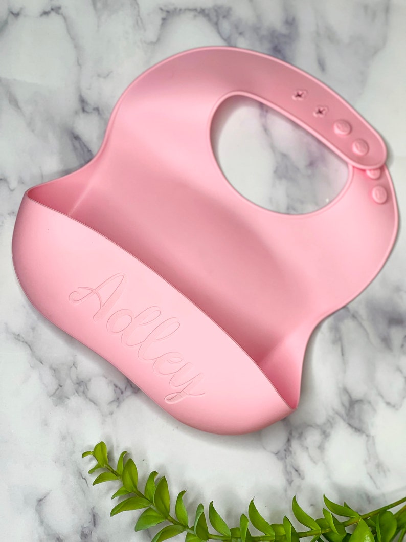 Personalized Name Bib, Custom Engraved Bib, Silicone Bib, Toddler Bib, Laser Engraved Bib, Washable Bib With Pocket Rose Pink