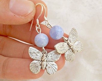 Blue Silver Earrings, Bridal Earrings, Silver Jewelry, Wedding Jewelry, Bridesmaid Earrings, Bridesmaid Gift, Blue Butterfly Earrings