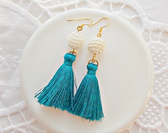 Pearl Tassel Earrings , Blue Earrings , Elegant Jewelry , Golden Long Earrings , Boho Earrings