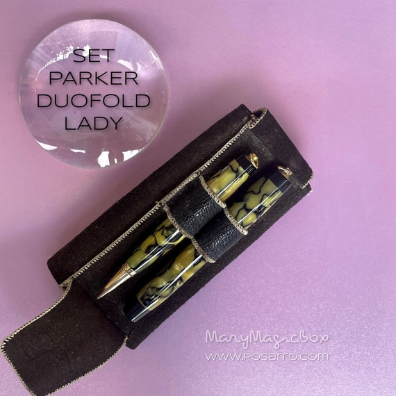 Parker Duofold Lady Vest Pocket Vintage Set Pearl Black Veined in Original  Pen Pouch Excellent Condition 