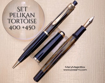 Pelikan 400+ 450 Set Schildkröte Braun Seltener Vintage Füllfederhalter + Drehbleistift-Goldfeder M Deutschland 1950 Ausgezeichneter seltener Fund