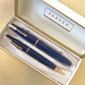 PARKER DUOFOLD set blue -Vintage fountain pen & pencil- Denmark 1950 -EXCELLENT condition in original box