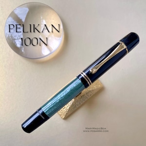 Pelikan 100 N - Vintage seltener Füllfederhalter 1949 - grün marmorierte Hülle Zelluloid - Feder M Flex - Ausgezeichnet