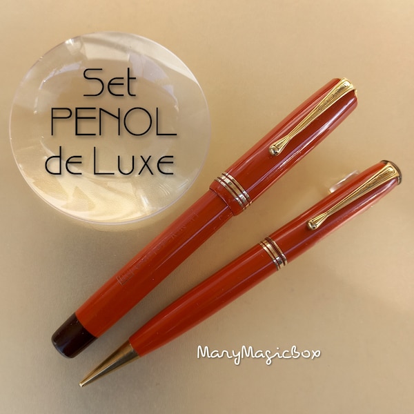 Penol De Luxe Set Danish Coral Red -Vintage pencil N2- and fountain pen 1936 -EXCELLENT writing condition