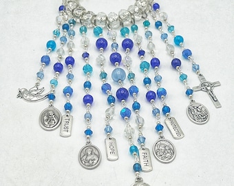 Hues of Blue 11 strand Home Blessing Door Hanger Protection of St Benedict Housewarming Gift  Easter Lent Wedding Religious Decor Catholic