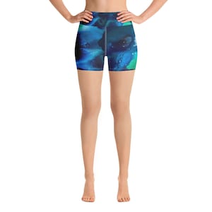 Spanish Wells Watercolor Yoga Shorts with Tie Dye Pattern, High Waist Running Shorts, Workout and Watersport Shorts, Gym Shorts
