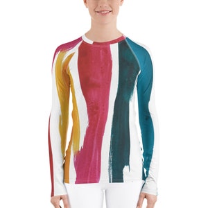 Mara&#39;amu Stripe Women&#39;s Rash Guard with Long Sleeves, Plus Size Swim Top, Beachwear Shirt, Cruise Vacation Rash Guard, UV Sun Protection