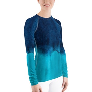 Abacos Watercolor Women&#39;s Rash Guard with Long Sleeves, Blue Rash Guard for Watersports, Brazilian Jiu Jitsu and MMA, Plus Sizes Available