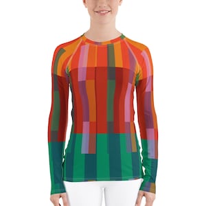 Volant Women&#39;s Rash Guard with Geometric Pattern and Long Sleeves, Multi-Color BJJ and Martial Arts Rash Guard, Watersports Rash Guard