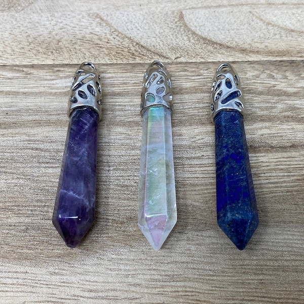 Large Pointed Natural Gemstones Pendant, Tibetan Silver, Crystal/Lapis or Amethyst Natural Stone, Pendant for Necklace,Healing Stones, Yoga