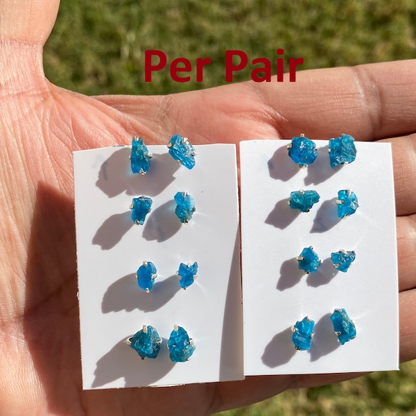 Raw Blue Apatite Gemstone Studs Earrings, 92.5 Sterling Silver Earring, Healing Crystal Earring, Natural Stone Earring, Bridesmaids Jewelry