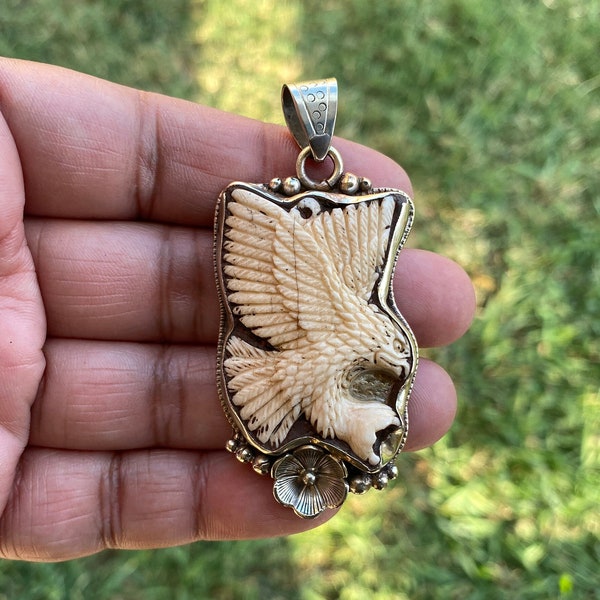 Bone Carve Hawk Eagle Tibetan Silver Pendant, Buffalo Bone Jewelry, Symbol Of Freedom, Majestic Design, Bird Of Prey, Wildlife Jewelry