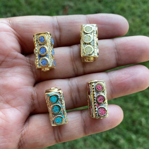 Small Tibetan Beads, 14k Matte Gold Overlay over Brass, Turquoise Coral Lapis Inlay Beads, Nepal Ethnic Tribal Yoga Metal Box Beads