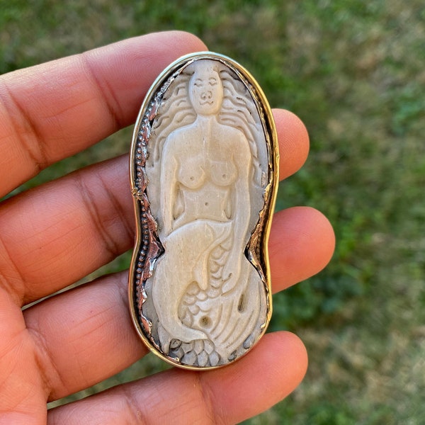 Large Mermaid Buffalo Bone Carved Tibetan Silver Pendant, Tibetan Pendant, Ethnic Jewelry, Lady of Water Locket, Jewelry for Men or Women