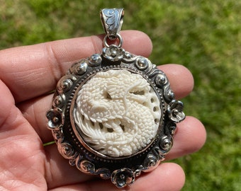 Carved Bone Horse Pendant Ethnic Tibetan Carved Bone Horse Pendant with Tibetan Silver Lotus Detail WM7787A Handmade Tibetan Jewelry