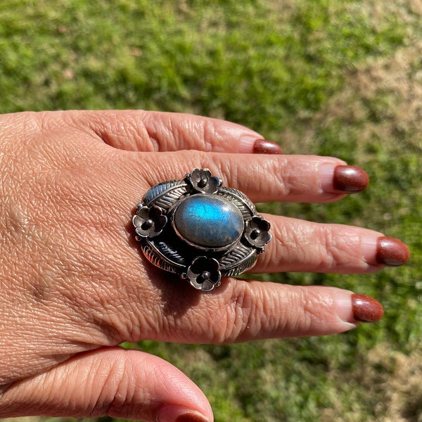 Chunky Adjustable Labradorite Natural Stone Tibetan Silver Ring, Energy Stone Ring, Himalayan Jewelry, Genuine Stone, Healing Crystal