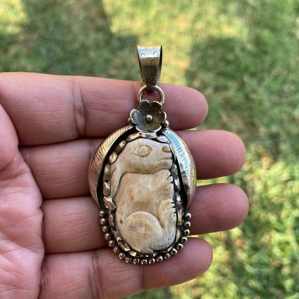 Bone Carved Rabbit Tibetan Silver Pendant, Animal Lover's Jewelry, Unique Designs, Organic Jewelry, Ethical Craftsmanship, Wisdom Emblem