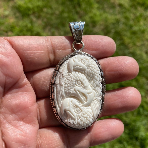 Eagle Hand Carved Buffalo Bone Tibetan Silver Pendant, Women's Jewelry, Pendant for Men, Hill Tribe Jewelry, Ethnic Jewelry, Carved Animal