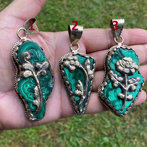 Raw Malachite Slab Natural Stone Tibetan Silver Pendant, Ethnic Jewelry, Energy Stone Pendant, Birthstone, Healing Crystal, Freeform Stone