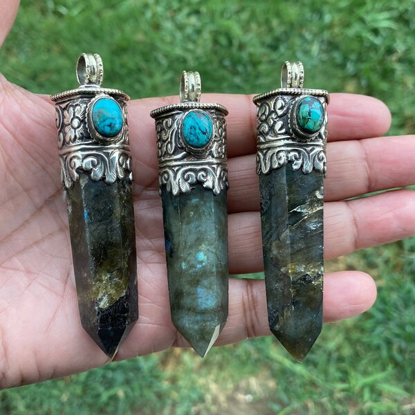 Large Pointed Labradorite with Turquoise Tibetan Silver Pendant, Point Healing Crystal, Point Wand, Crystal Pendulum, Natural Stone Jewelry