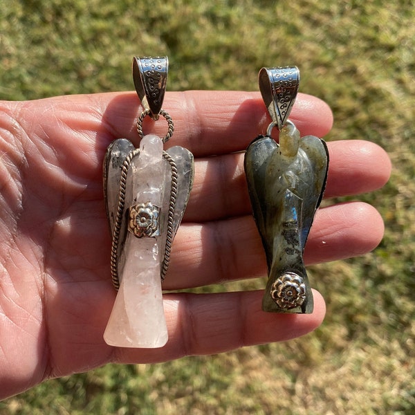 Carved Crystal Angel Tibetan Silver Pendant, Rose Quartz Angel, Labradorite Angel Jewelry, Natural Stones Pendant for Necklace