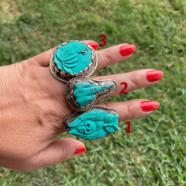 Large Adjustable Compressed Turquoise Tibetan Silver Ring, Owl with Skull, Middle Finger or Lotus with Om Carved Rings, Statement Big Ring