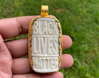 Large Black Lives Matter Carved Buffalo Bone Pendant, 18K Brushed Gold Overlay Non Tarnish, Men & Women  Jewelry, Support for Black Movement