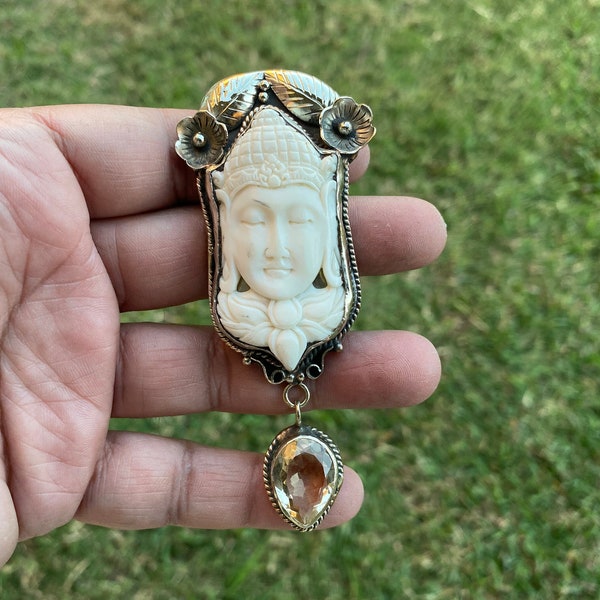 Large Carved Bone Buddha Head with Citrine Gemstone Tibetan Silver Pendant, Meditation Buddha Pendant, Yoga Jewelry, Spiritual Pendant