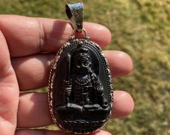 Fudo Myoo Buddhism Guardian Protector Tibetan Silver Large Pendant, Bodhisattva Amulet Obsidian Gemstone, Lucky Amulet, Protection Amulet