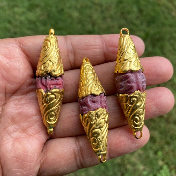 Carved Red Coral Tibetan Bead, Gold overlay, Both side Bail, Himalayan Ethnic Boho Tribal Nepal Beads, Bead for Necklace,Unique Bead, Yoga