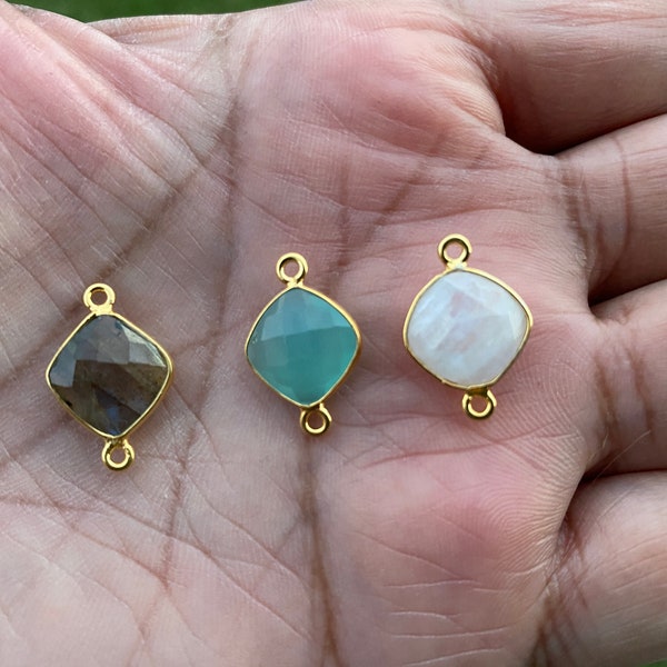 Small Gemstone Connector, Faceted Cushion Shape in Gold Plated Silver Bezel Setting, Double Bail Link, Labradorite, Calcedony or Moonstone