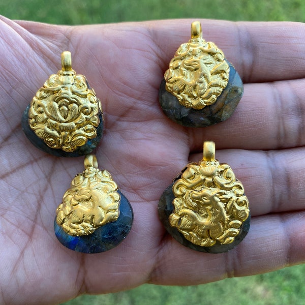 Small Labradorite Gemstone Pendant, 18K Brushed Gold Overlay, Animal Designs Pendant,Healing Crystal Pendant for Gold Chain,Birthstone Charm