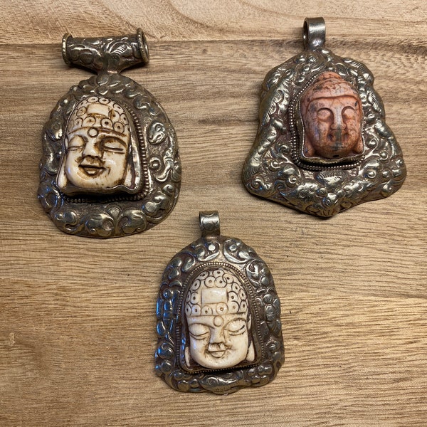 Buddha Head Tibetan Silver Pendant, Buffalo Bone, Hand carved Floral Designs, Tribal, Ethnic Jewelry, Himalayan, Hill Tribe, Tibetan Pendant