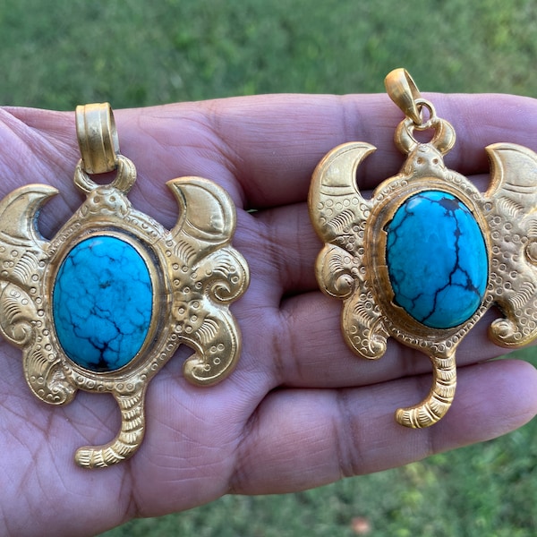 Turquoise Scorpion Pendant, 18K Brushed Gold Overlay with Anti Tarnish, Himalayan Handmade Jewelry From Nepal, Ethnic Pendant for Necklace