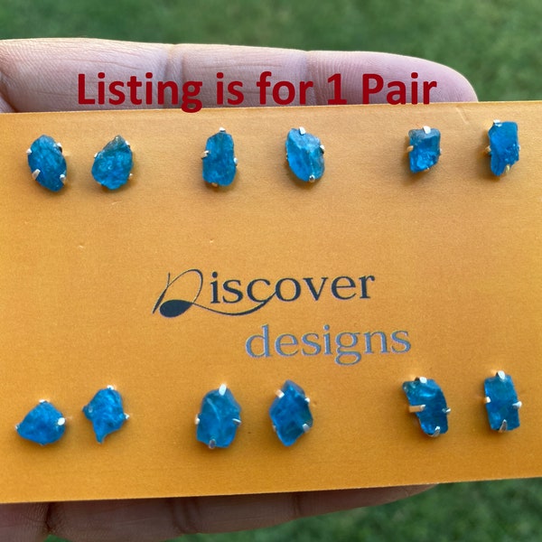 Raw Blue Apatite Gemstone Studs Earrings, Sterling Silver Earrings, Healing Crystal Earrings, Natural Stone Studs Earrings, Birthstone Studs