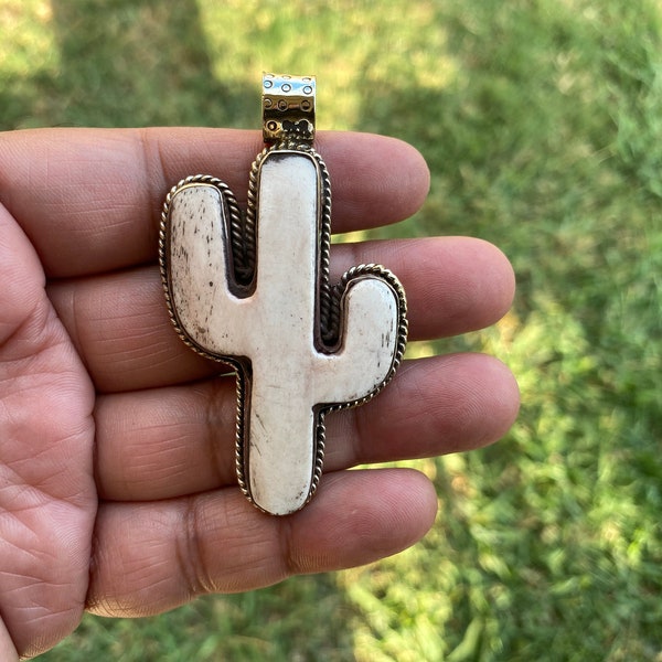 Bone Carved Cactus Design Pendant, Tibetan Silver, Desert Inspired, Organic Jewelry, Southwestern Style, Nature Symbolism, Plant Lover Gift