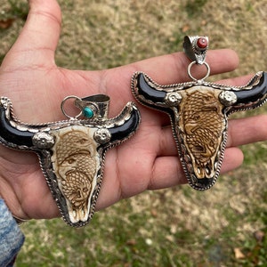 Large Carved Bone Longhorn with Eagle Tibetan Silver Pendant, Turquoise or Coral, Bull Head, Hill Tribe Jewelry, Jewelry for Men or Women