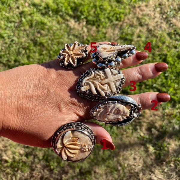 Big Adjustable Bone Carved Tibetan Silver Ring, Om Ring, Dog Face, Cross, Middle Finger, Marijuana Leaf Ring, Punk Biker Rings, Punk Jewelry