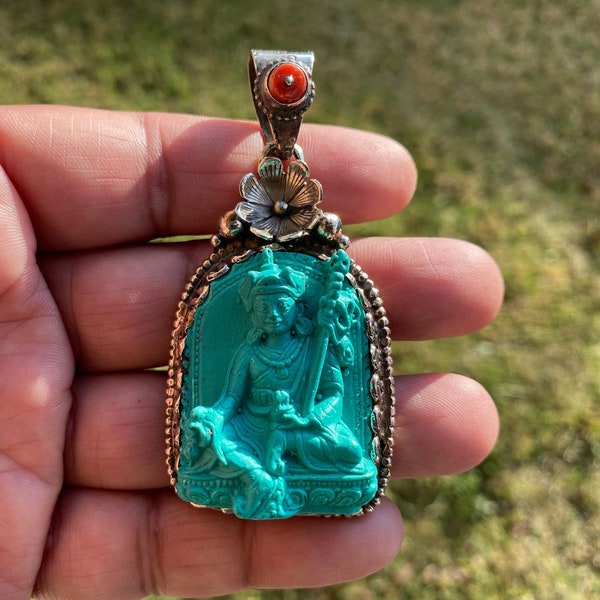 Guru Padmasambhava Rinpoche Pendant,  Stabilized Turquoise with Red Coral Gemstone Tibetan Silver Pendant, Medicine Buddha, Sakyamuni Buddha