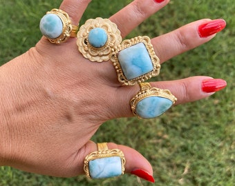 Women Jewelry Ring Bohemian Jewelry,Energy Stone Ring Natural Stone Handmade Ring 14K Brushed Gold Overlay Large Adjustable Larimar Ring