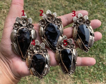 Large Raw Black Obsidian Arrowhead Tibetan Silver Pendant, Healing Natural Stone Pendant for Necklace, Ethnic Jewelry, Energy Stone Pendant