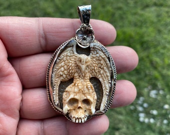 Skull with Eagle Tibetan Silver Pendant Carved Buffalo Bone Pendant, Unisex Skull Pendant, Jewelry for Men or Women, Sugar Skull, Skeleton