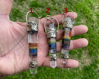 Large Seven Chakra Crystal Point Tibetan Silver Pendant, Multi gemstone Pendant for Necklace, Healing Crystal, Boho Pendant, Hippie Pendant,